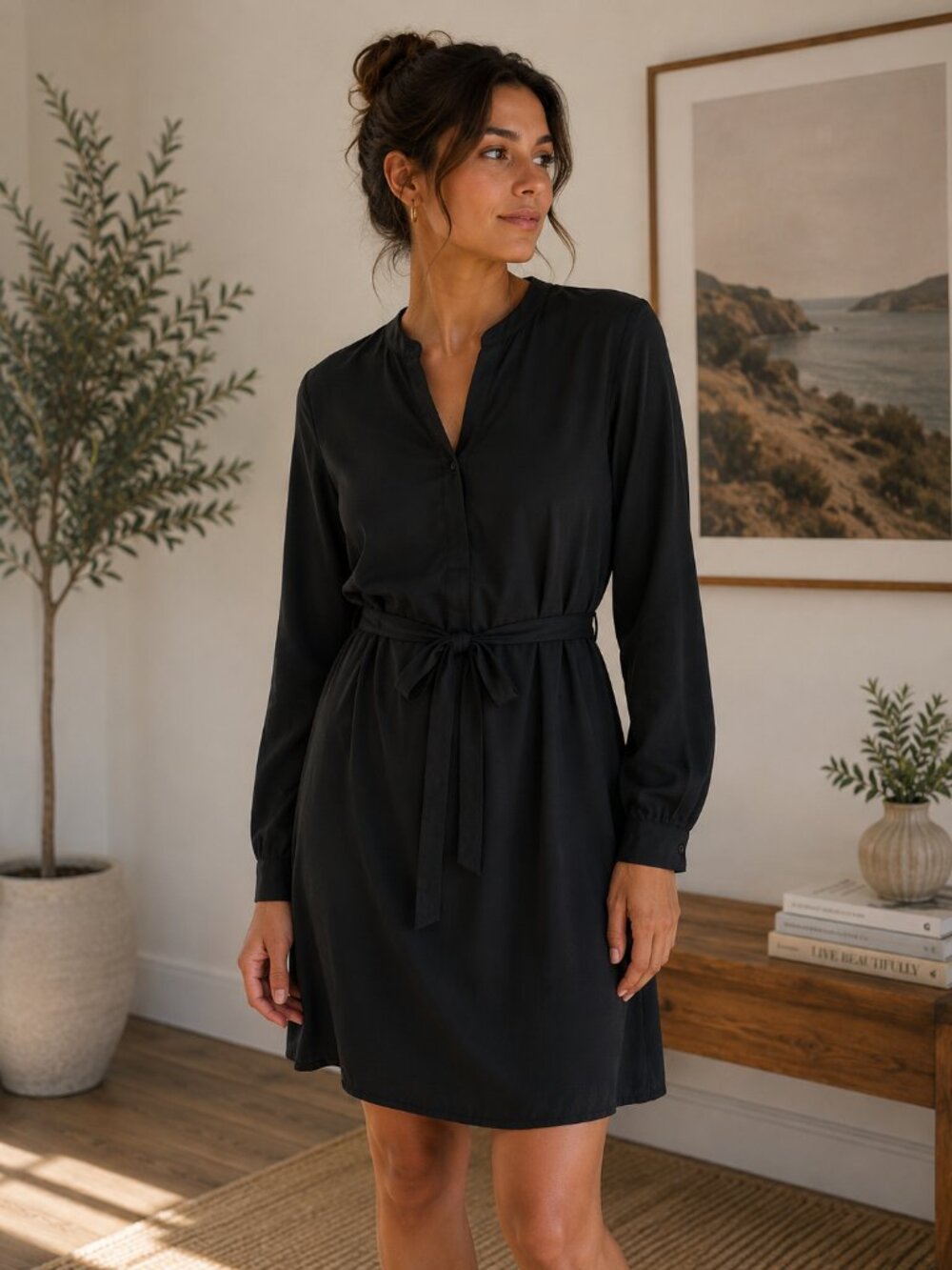 FRANK & OAK Satin Long Sleeve Dress ~ black ~ Size Small